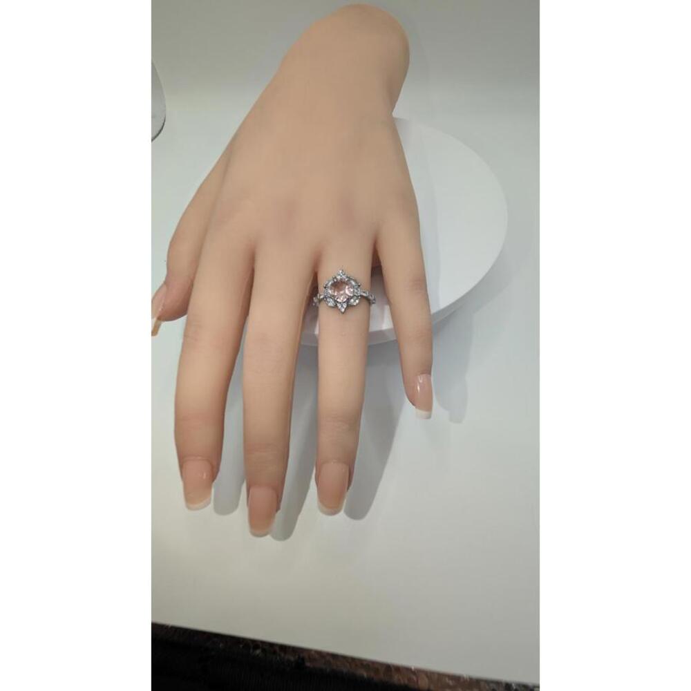 Silver Ring with Pink Gemstone and Intricate Design Size 6